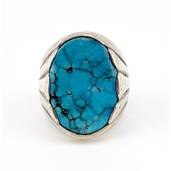 Massive Bell Sand Cast Sterling Silver Spiderweb Turquoise Men’s Ring Size 11.75 - Picture 1 of 6